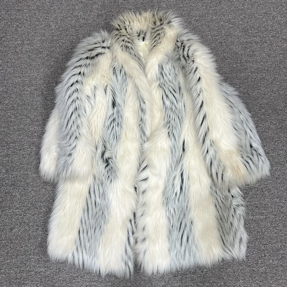 Mirage Outerwear Faux Fur Coat Womens OS Cream Grey Striped Shaggy Made in USA